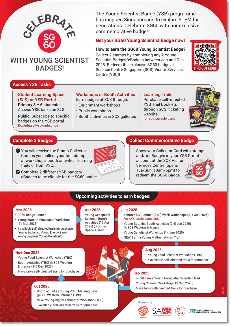 Earn a Limited Edition SG60 Badge between January and December 2025, by completing any 2 Young Scientist Badges or eBadges.